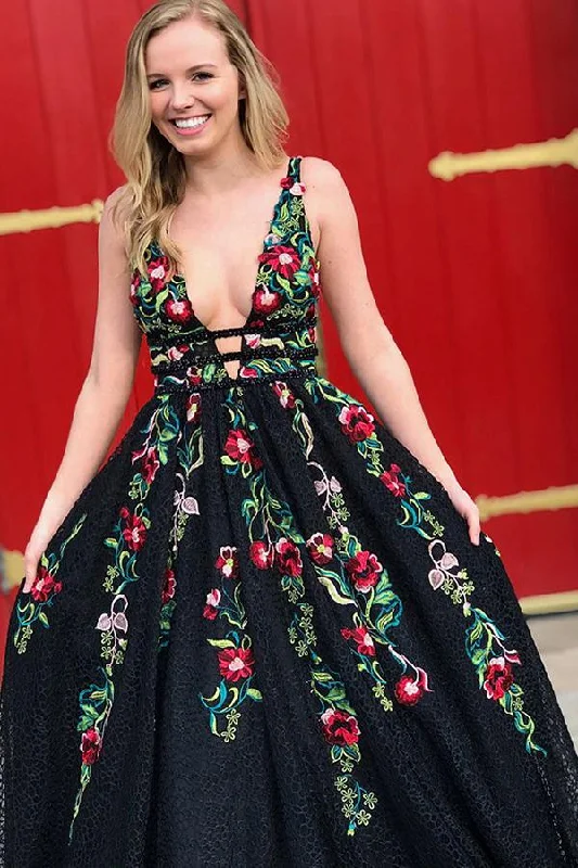 A-Line Deep V-Neck Black Lace Sleeveless Prom Dress with Floral Appliques DMI89