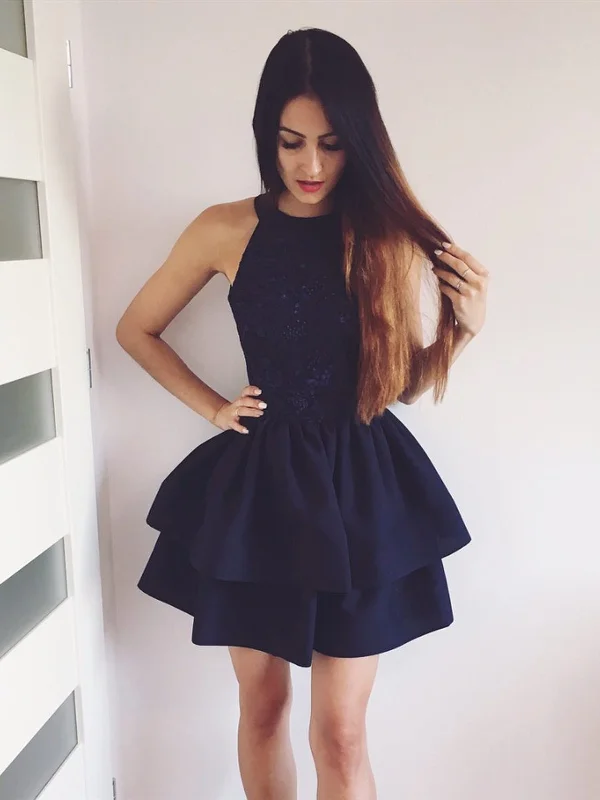 Short Black Lace Prom Dresses, Round Neck Short Black Lace Homecoming Graduation Cocktail Dresses