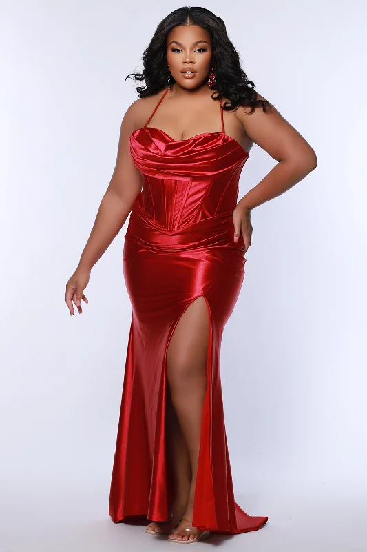 Sydneys Closet SC7426 Long Pleated Slit Formal Plus Size Prom Dress