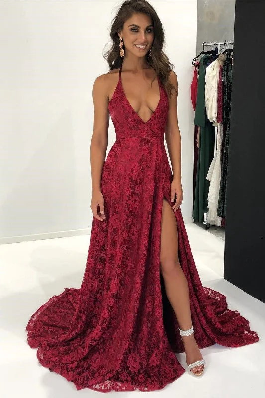Sexy Halter Burgundy Lace Front Slit V Neck Long Prom Dress DMA12