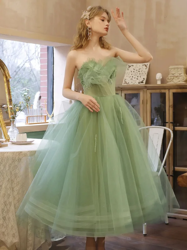 Strapless Green Tea Length Prom Dresses, Green Tea Length Formal Homecoming Dresses