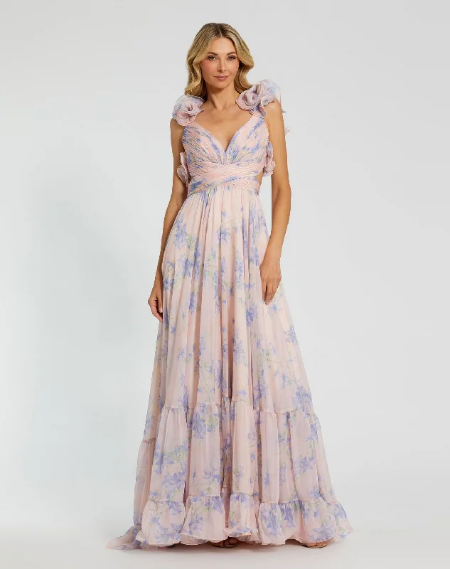 Mac Duggal 68753 Pleated Long Formal Floral A Line Prom Dress