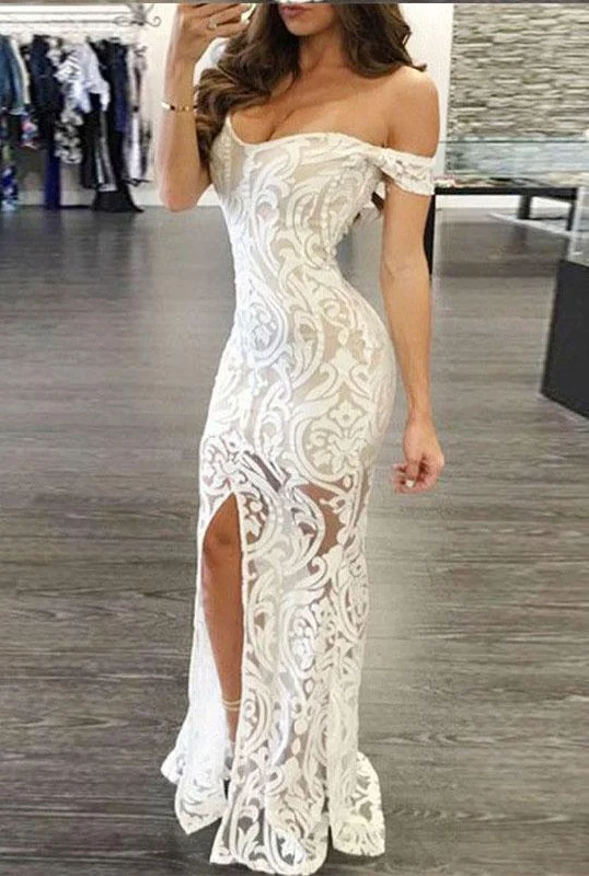 Sexy Sheath Off-the-Shoulder Long Lace Prom Dresses with Split DM808