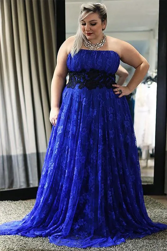 Royal Blue Lace Strapless A Line Long Plus Size Prom Dress DM664