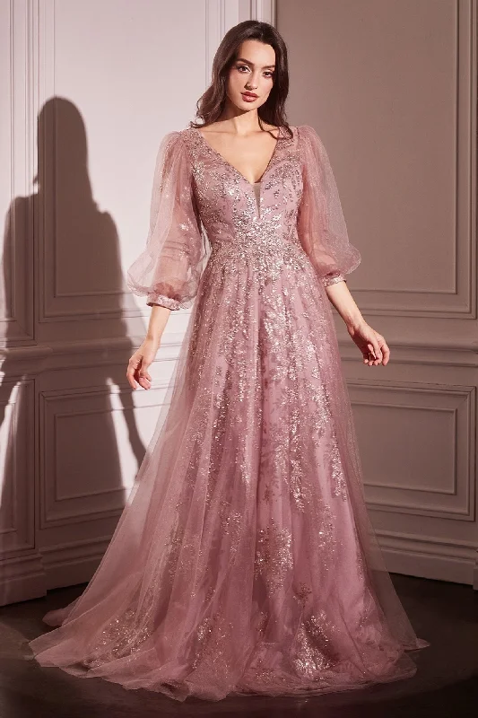 Cinderella Divine CD0102 A Line Long Sleeve Beaded Formal Dress