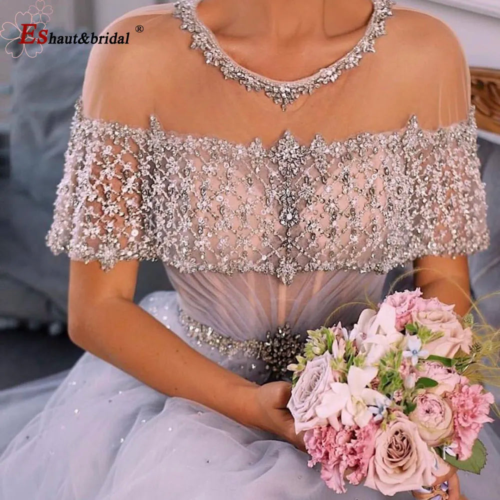Luxury O-Neck Crystal Handmade Sleeveless Aline Sequin Long Formal Evening Dress
