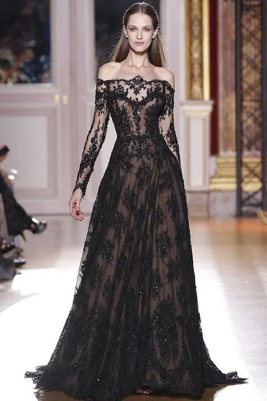 Romantic Long Sleeves Off the Shoulder Lace Appliques A Line Black Prom Dresses DMG33