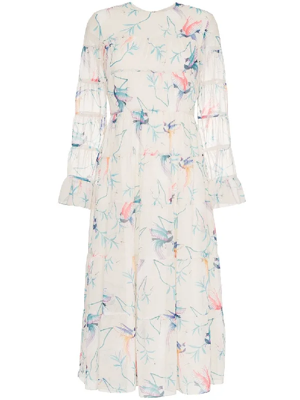Viola bird printed flared cuff dress