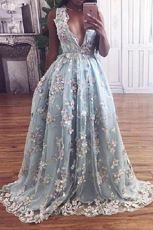 Floral Lace Deep V-neck A Line Light Sky Blue Princess Prom Dress DMA42