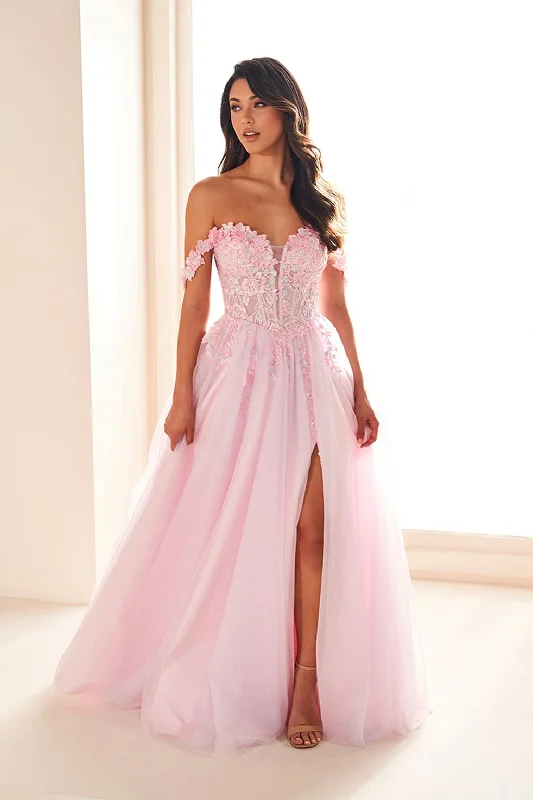 Ellie Wilde EW36214 Long Formal 3D Floral Applique A Line Prom Dress