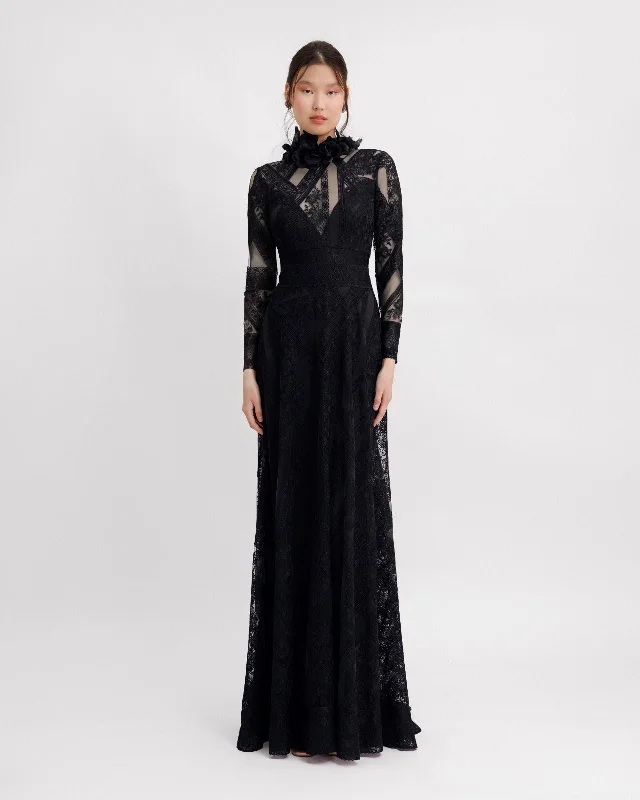 Patterned Lace Long Sleeves Black Dress