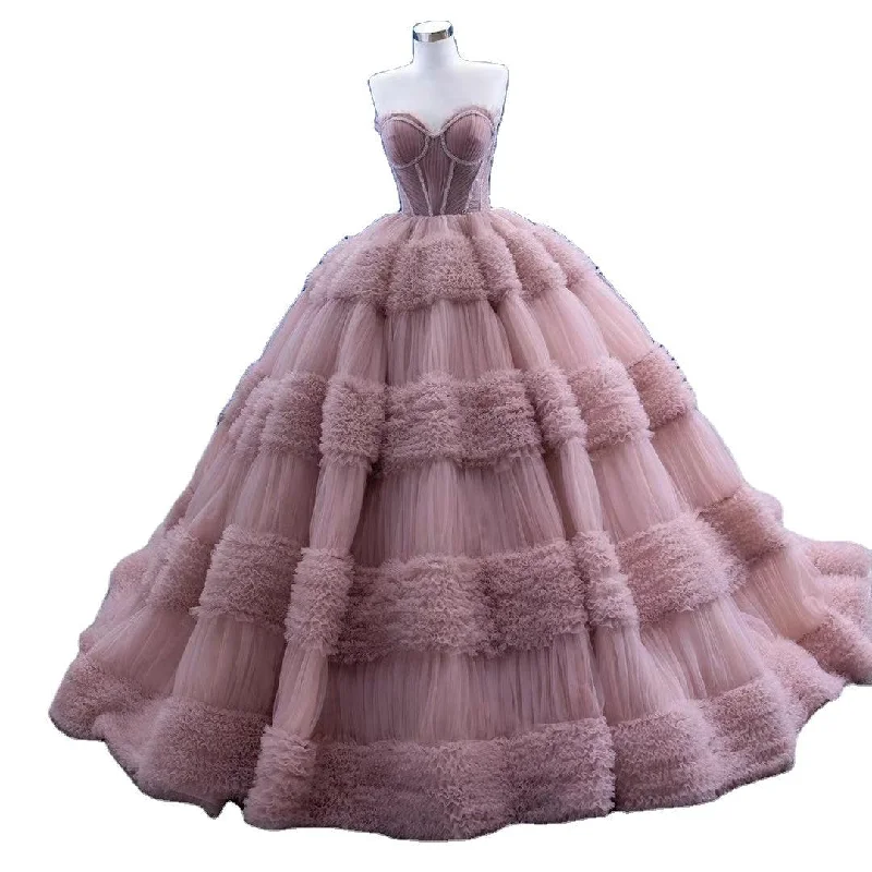Pink Sleeveless Tiered Wedding Bridal Dress