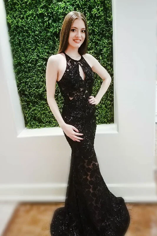 Sexy Black Lace Mermaid Long Sleeveless Keyhole Prom Dress with Open Back DM983