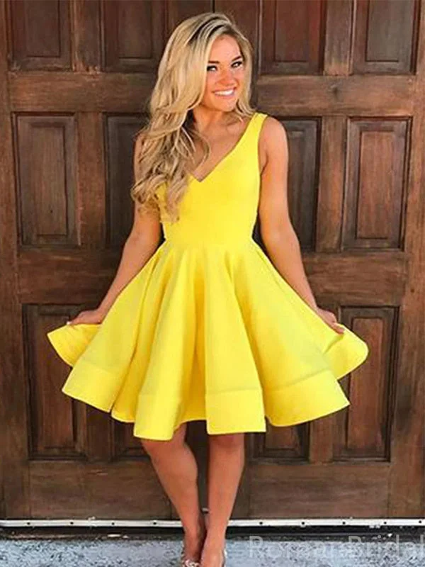 Simple V-neck Sleeveless A-line Satin Knee-length Homecoming Dresses For Party Online, HD01010 Simple V-neck Sleeveless A-line Satin Knee-length Homecoming Dresses For Party Online, HD01010