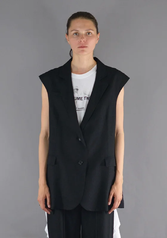 ART SCHOOL MJCKT003 OVERSIZED TAILORED SLEEVELESS SUIT JACKET BLACK Zip Front Button Front Snap Front