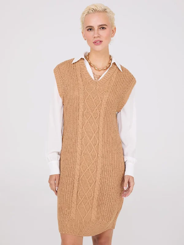 2-Fer Cable Knit Sweater Vest Dress Fitted Loose Oversized