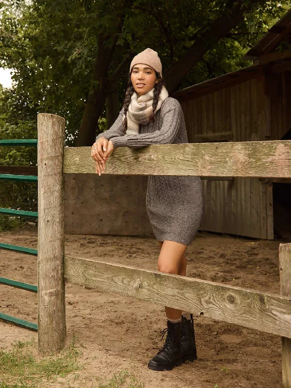 Cable Knit Mock Neck Sweater Dress Elasticated Padded Insulated