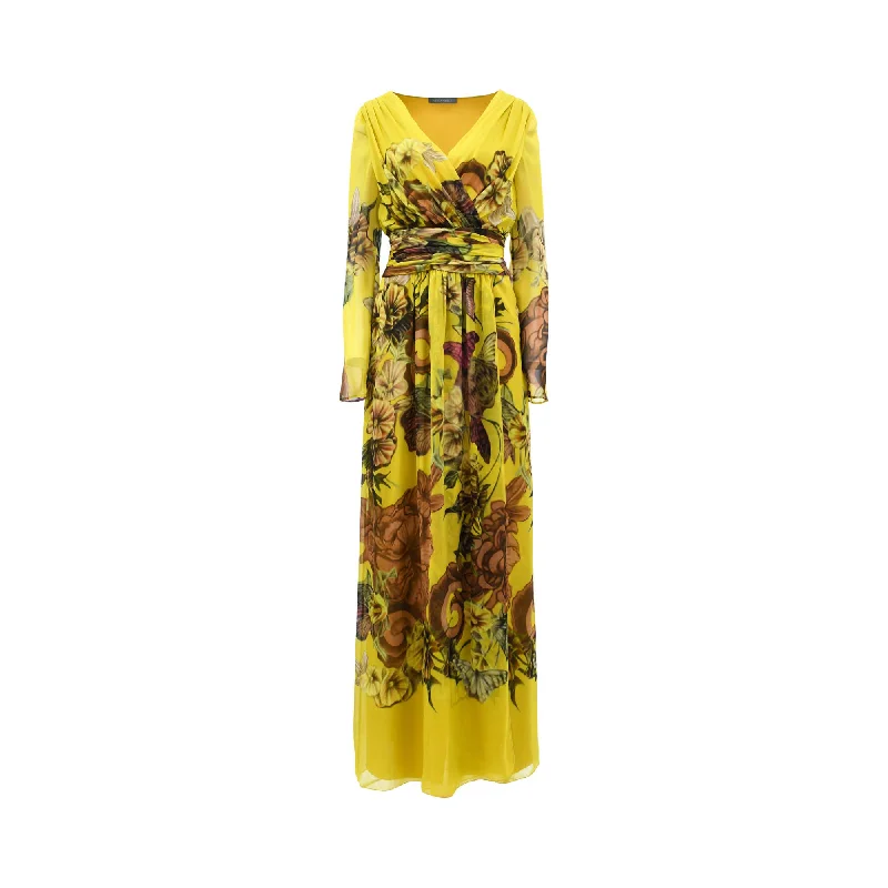 Alberta Ferretti Women's Fantasy Print Yellow Long Dress Tunics Summer linen