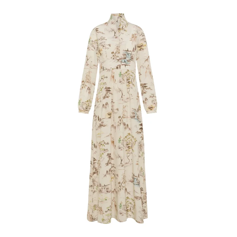 Momoni Suita Ladies Long Dress-in-Printed Crepe-De-Chine-Cream-Tobacco Tunics Ceremony elegant