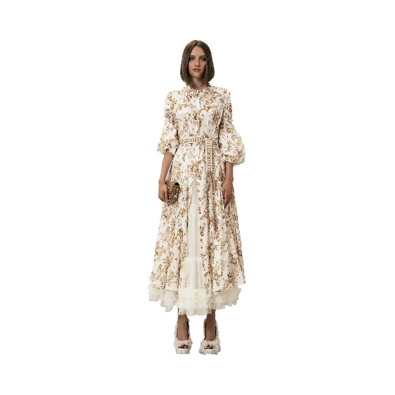 Beye Women's Caramel Floral Long Dress Elegant Long Evening