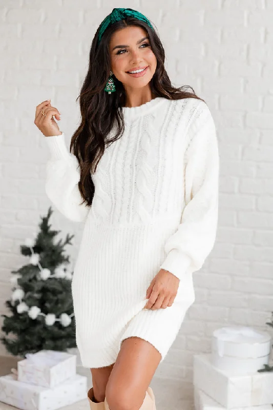 All Is Bright Cream Multi Textured Long Sleeve Sweater Dress Houndstooth Herringbone Solid