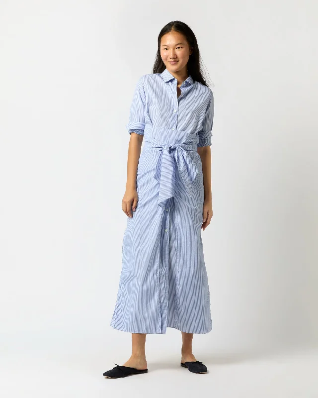 Maxi Tie-Waist Shirtdress in Navy/Sky Stripe Poplin Tunics Hiking breathable