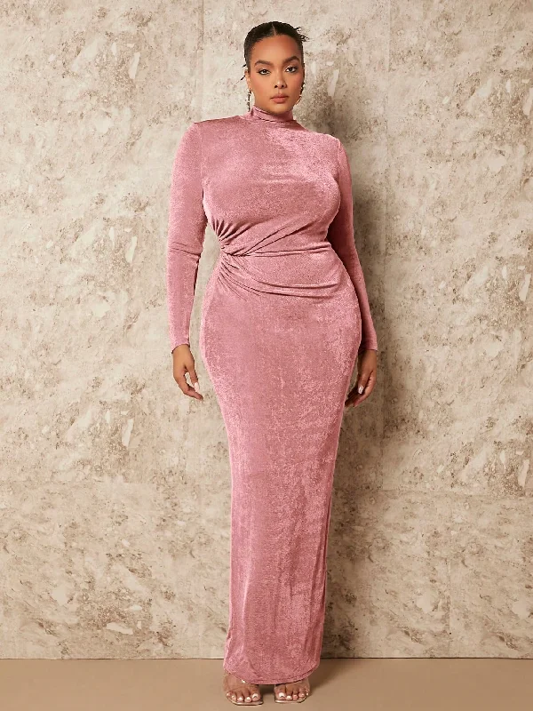 Plus Size Monochrome Stand Collar Twist Waist Velvet Dress Tunics Sophisticated sleek
