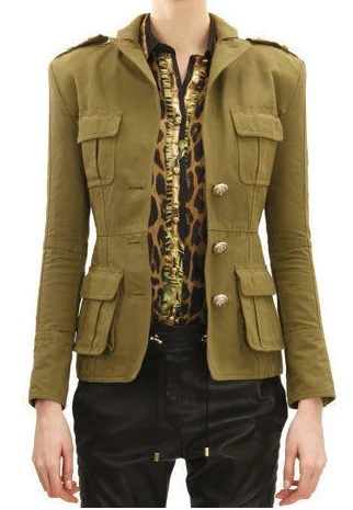 Balmain - Twill Olive Green Military Style Blazer  - FR 40 Women's Vintage Suit
