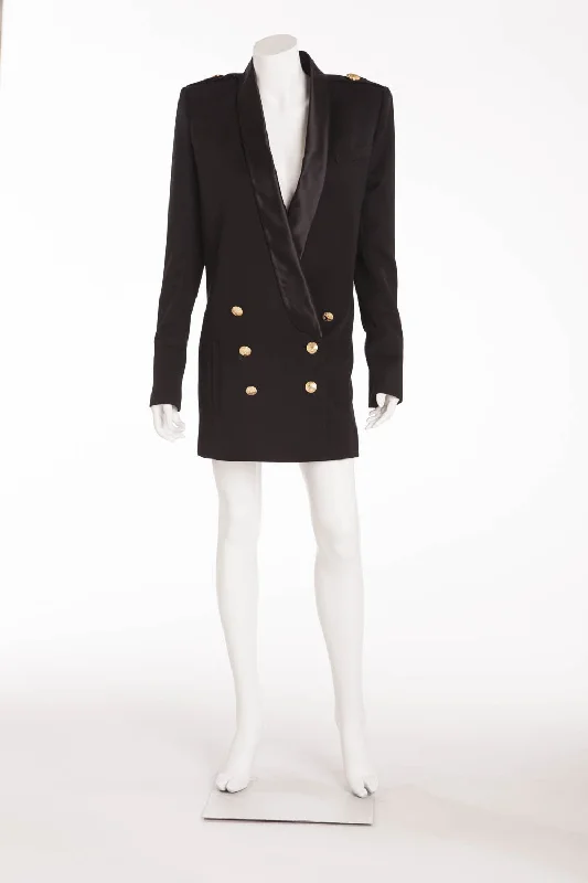 Balmain - As Seen on Kim Kardashian - Black Blazer Dress with Silk Trim and Gold Buttons - FR 38 Women's Trendy Jacket