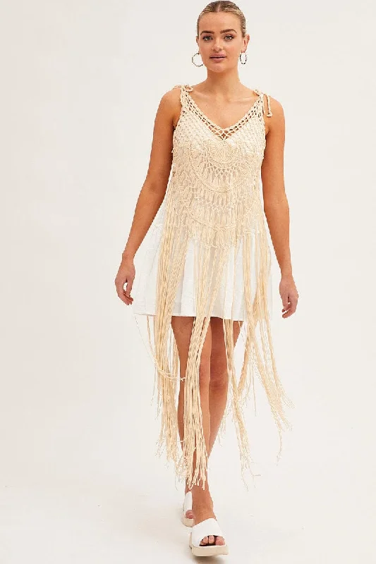 Beige Crochet Beach Pullover Dress Cover Up Sarouel Sleeve Pullover