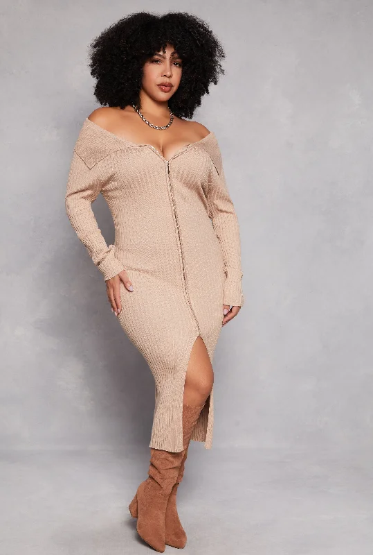 Plus Size Almost Famous Zip Front Sweater Dress Turtle Neck Boat Neck Asymmetrical Neck