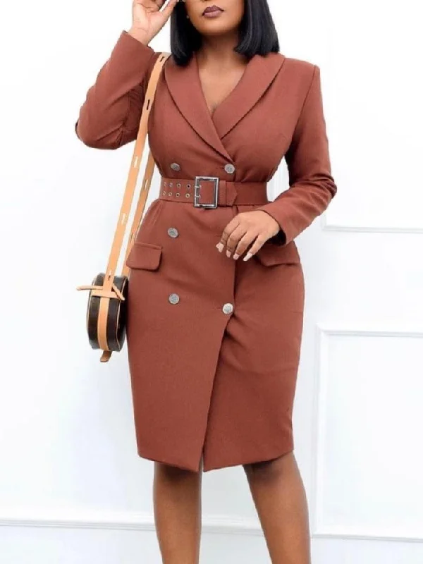 Belted Double-Breasted Blazer Dress Women's Travel Jacket