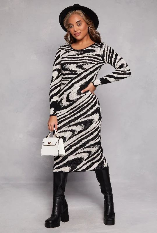 Almost Famous Printed Midi Sweater Dress Solid Color Striped Floral Print