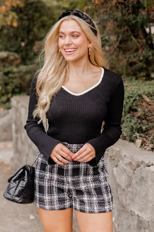 Make A Move Black And Ivory Contrast Trim Sweater FINAL SALE Ribbed Striped Patterned