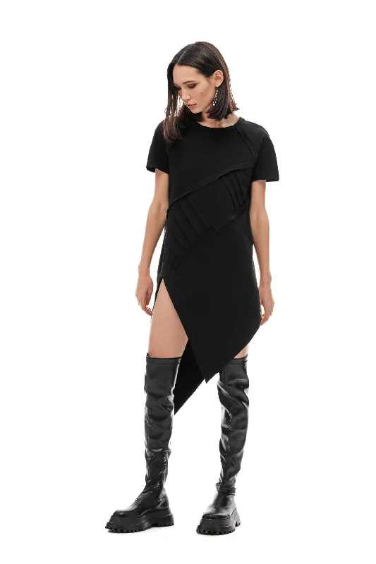 Asymmetric Black T-shirt Dress Boxy Fit Fitted Loose