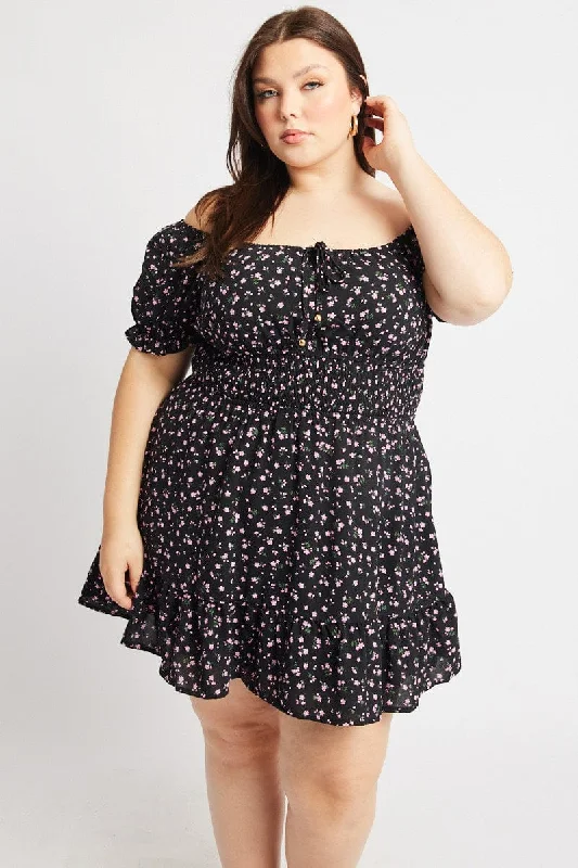Black Ditsy Scoop Neck Shirred Waist Minidress Tunics Lace romantic