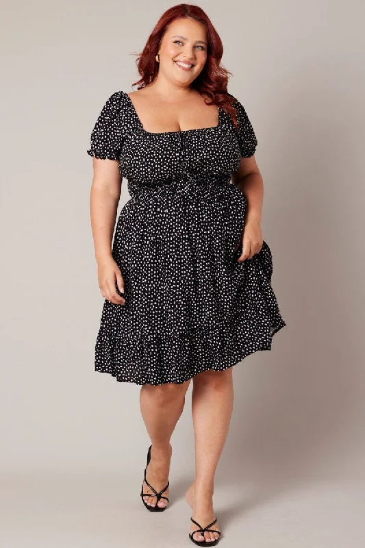 Black Ditsy Shirred Waist Tie Front Puff Sleeve Minidress Tunics Practical durable