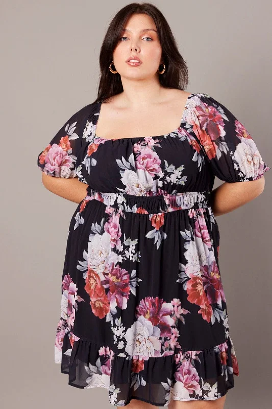 Black Floral Puff Sleeve Minidress Elastic Waist Detail Tunics Sophisticated sleek