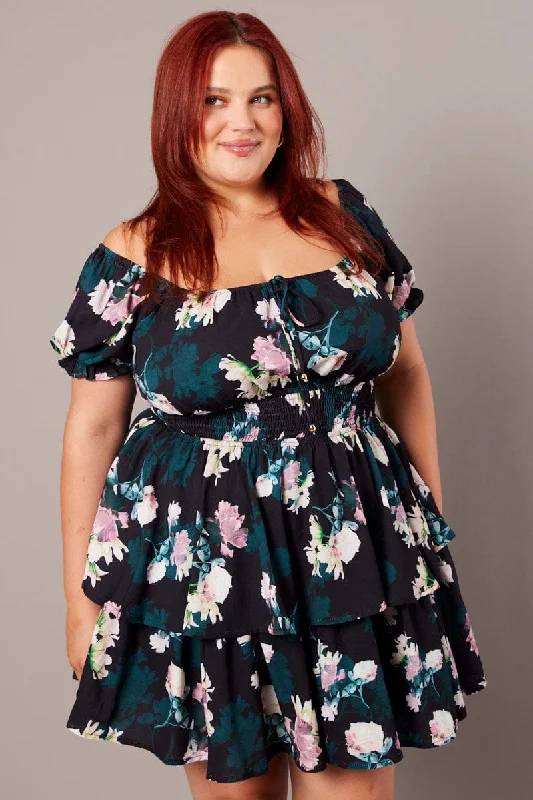 Black Floral Shirred Waist Detail Layer Minidress Tunics Fashionable trendy