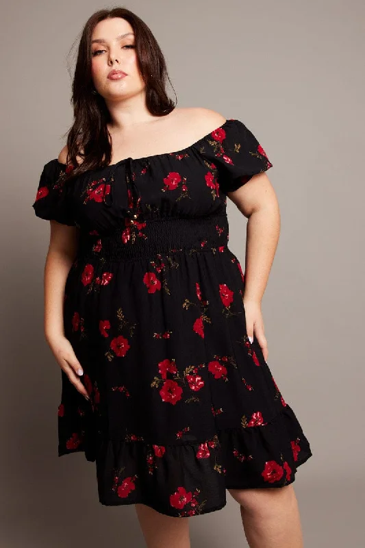 Black Floral Shirred Waist Frill Hem Minidress Tunics Chinos classic