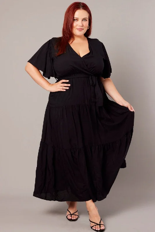 Black Maxidress Flare Sleeve Tie Waist Tiered Crew Neckline Sporty