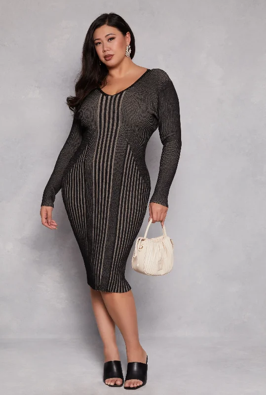 Plus Size Almost Famous Stripe V Neck Sweater Dress Open Front Closed Front Wrap Front