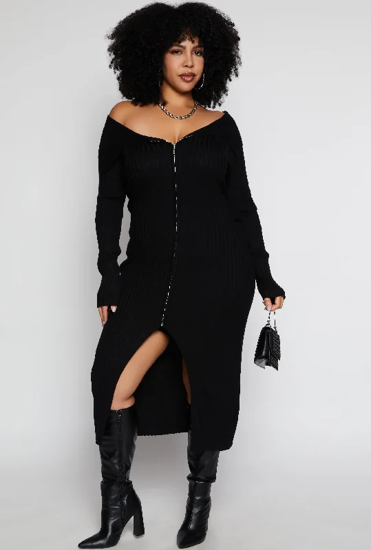 Plus Size Almost Famous Zip Front Sweater Dress Satin Fabric Silk Fabric Chiffon Fabric