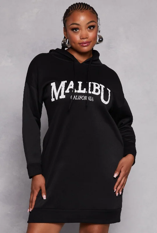 Plus Size Malibu California Hooded Sweatshirt Dress Hoodie with Strings Custom Fit Adjustable