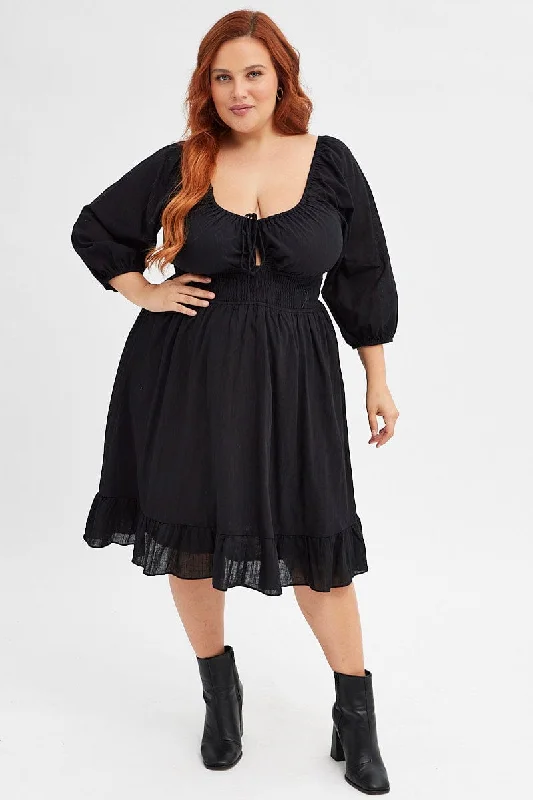Black Skater Dress Puff Sleeve Shirred Waist Cotton Tunics Practical easy-care