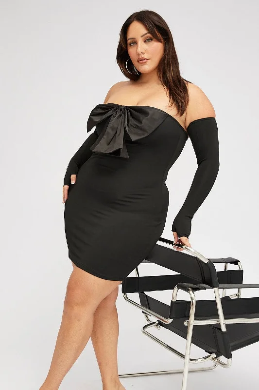 Black Strapless Bow Minidress With Gloves Tunics Sophisticated sleek