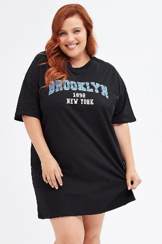 Black T-shirt Dress Short Sleeve Brooklyn Logo Cotton Jersey Fabric Tulle Fabric Batik Fabric Black T-shirt Dress Short Sleeve Brooklyn Logo Cotton Jersey Fabric Tulle Fabric Batik Fabric