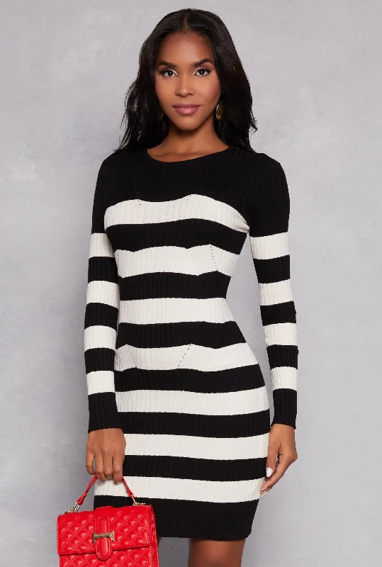 Striped Long Sleeve Sweater Dress Real Fur Shearling Chenille