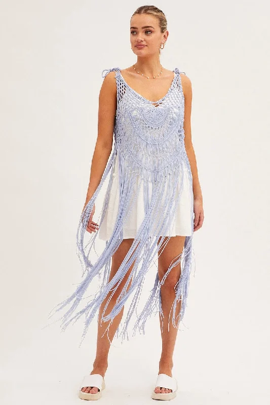Blue Crochet Beach Pullover Dress Cover Up Saggy Sleeve Comfort