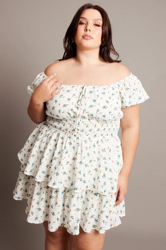 Blue Ditsy Shirred Waist Tiered Minidress Tunics Distressed trendy